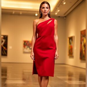 NWT XSCAPE Red One-Shoulder Cutout Sheath Dress Cocktail Evening Size 14